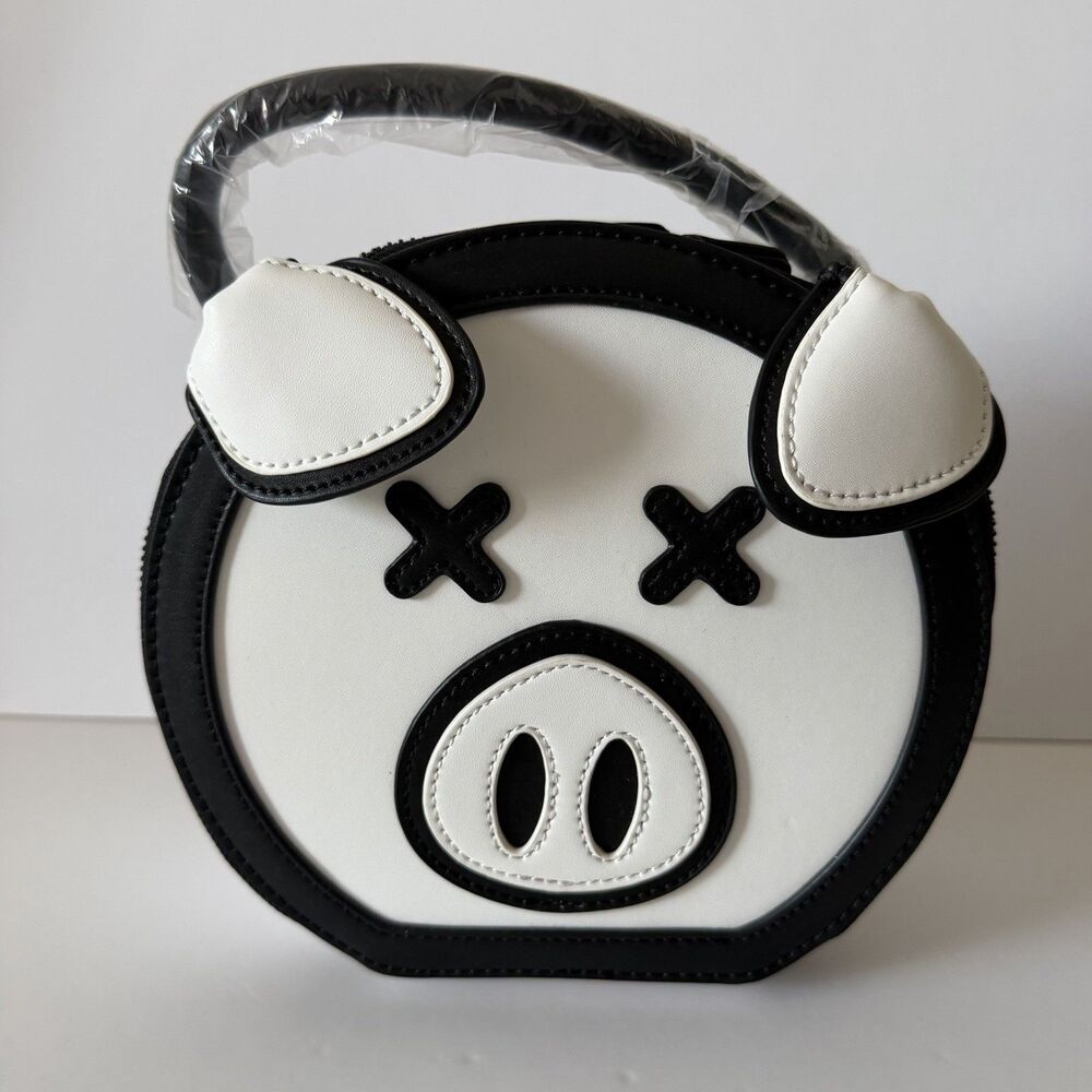 Black & White Pig Face Round Satchel Purse Zip Top Handle Detachable Strap